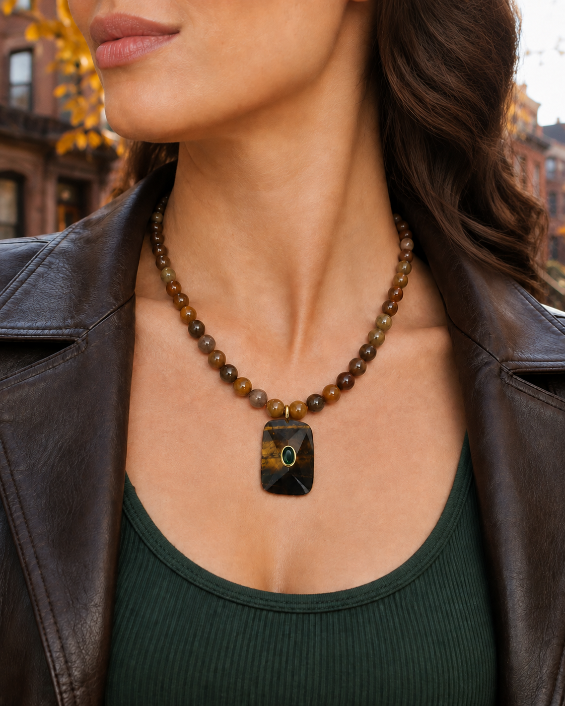 Earth-Tone Beaded Tiger’s Eye Pendant Necklace