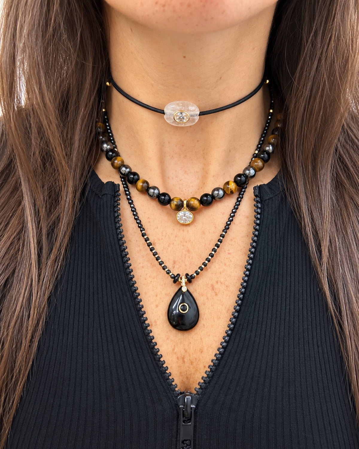 Tiger Eye & Black Beaded Necklace with Oval Pendant