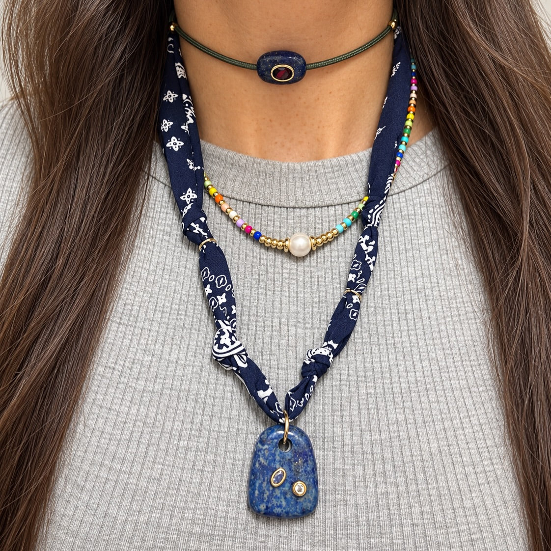 Navy Bandana Lapis Pendant Necklace